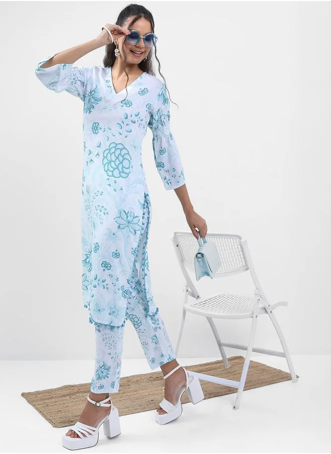 فيشود Women Blue Floral Printed Kurta Set by Styli