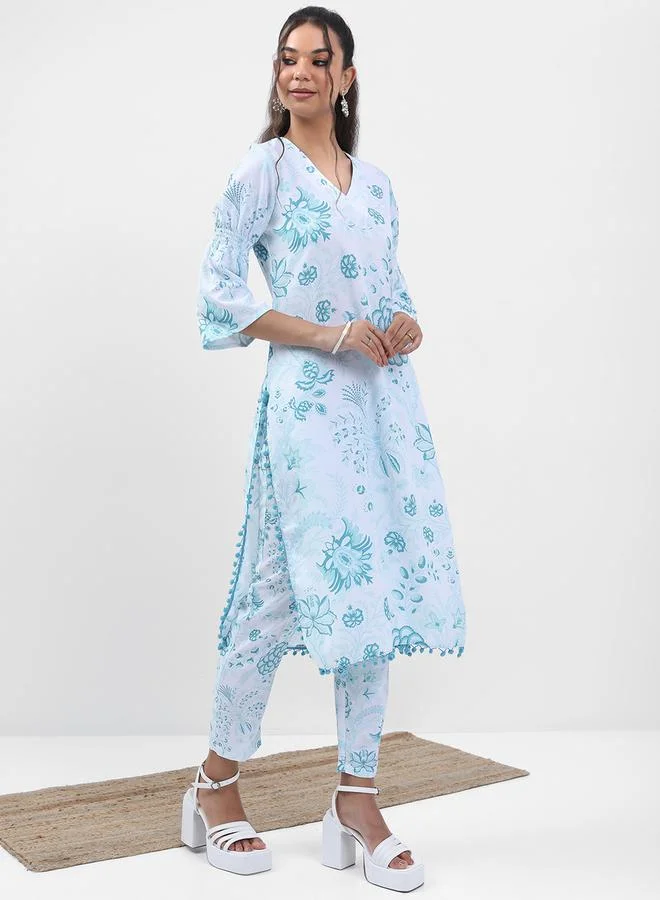 Vishudh Women Blue Floral Printed Kurta Set by Styli