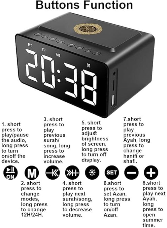 BlueFire Smart Azan Clock & Quran Speaker - 2000mAh Bluetooth Portable Muslim Prayer Device with App & Remote Control, Digital LED Display, 18 Reciters & 15 Azan Voices, White Noise Machine, Ideal Eid Hajj Gift for Parents and Family (Black) - Image 5