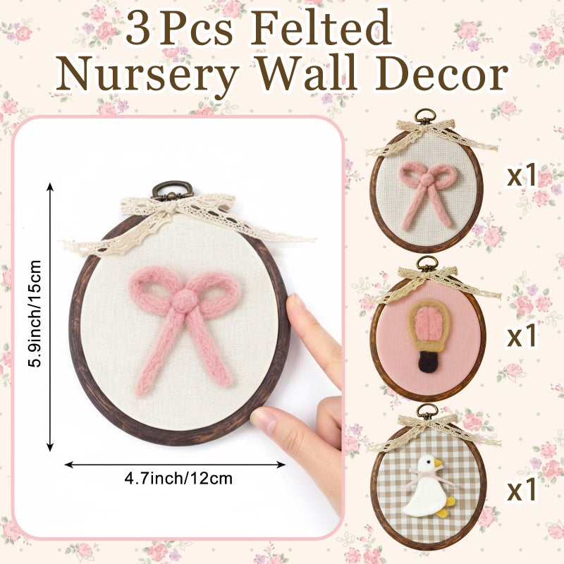 Soulchen 3 Pcs Felted Nursery Wall Decor with Goose Bow Hot Air Balloon 5 x 6 Inch Cute Animal Wall Art Vintage Decorative Artwork for Nursery Bathroom Living Room Baby Room Bedroom Farmhouse Decor - Image 2