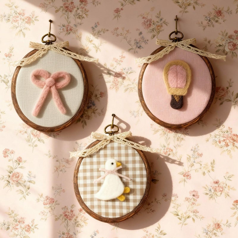 Soulchen 3 Pcs Felted Nursery Wall Decor with Goose Bow Hot Air Balloon 5 x 6 Inch Cute Animal Wall Art Vintage Decorative Artwork for Nursery Bathroom Living Room Baby Room Bedroom Farmhouse Decor - Image 1