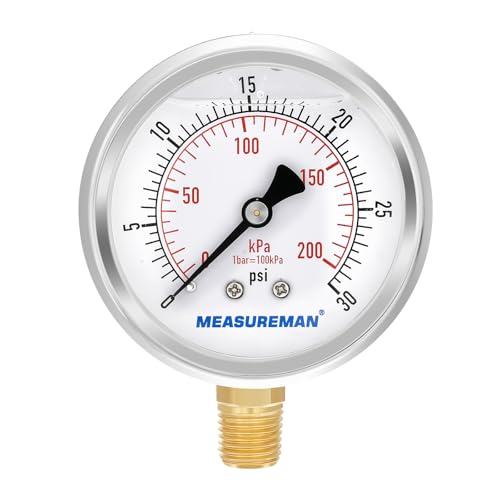 MEASUREMAN 2-1/2inch Dial Size, Oil Filled Pressure Gauge, 0-30psi/kpa, 304 Stainless Steel Case, 1/4 inchNPT Lower Mount - Image 1