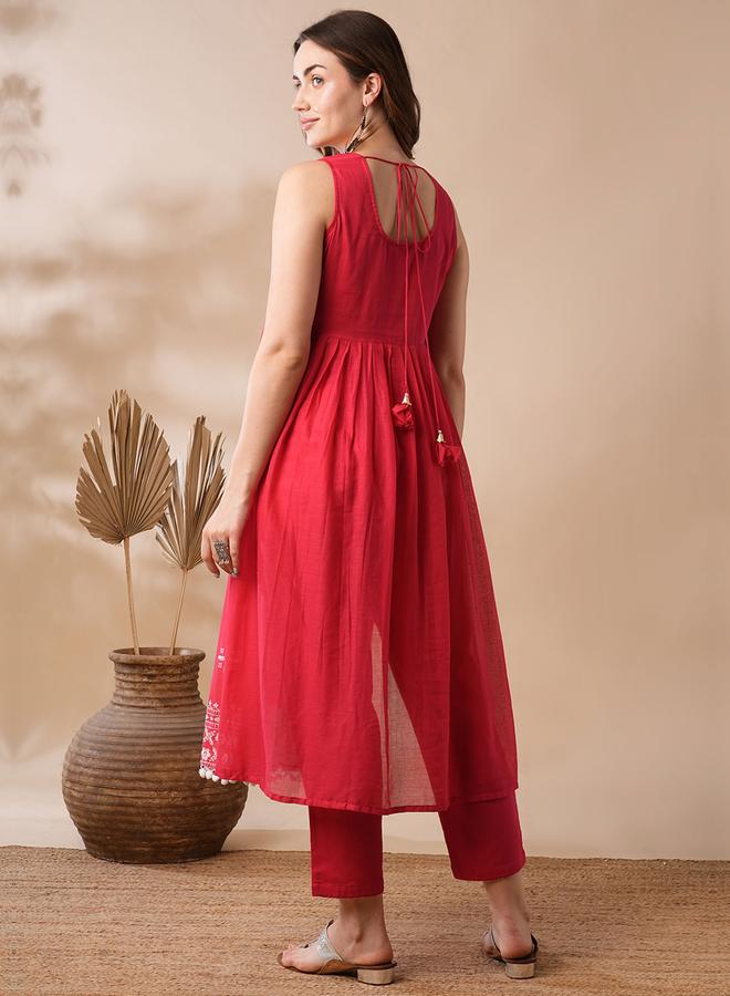 globus Red Floral Embroidered Pleated Kurta and Pants Set - Image 3