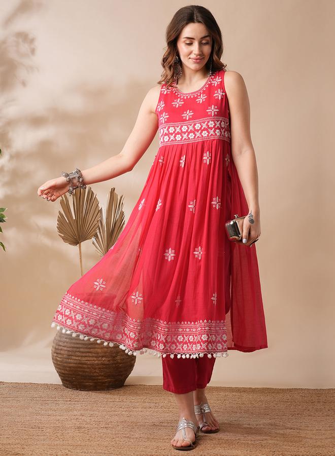 globus Red Floral Embroidered Pleated Kurta and Pants Set - Image 1