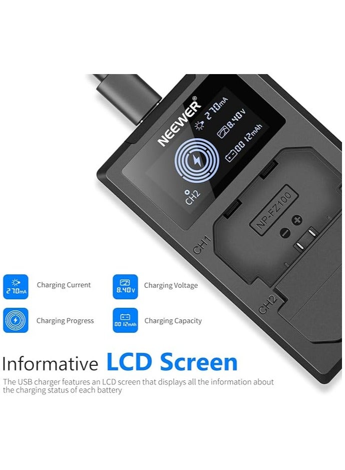 Neewer NP-FZ100 Replacement Battery Charger Set, Compatible with Sony a7IV, a1, a9II, a9, a7SIII, a7RIV, a7RIII, a7III, 2-Pack 2280mAh Li-ion Batteries, Dual USB Charger with LCD Screen, USB-C Cable - Image 3