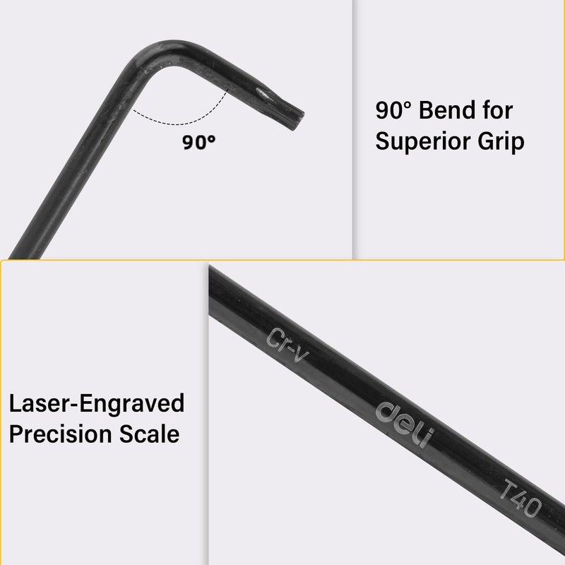 Deli مجموعة مفاتيح توركس هكس DL234209H من 9 قطع مقاومة للتلاعب على شكل L بذراع طويل مفاتيح ألين نجمي مقاس T10 T15 T20 T25 T27 T30 T40 T45 T50 (تشمل حامل، أصفر وأسود) - Image 4