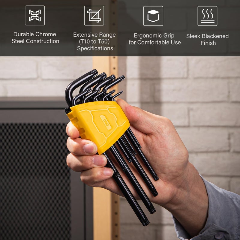 Deli مجموعة مفاتيح توركس هكس DL234209H من 9 قطع مقاومة للتلاعب على شكل L بذراع طويل مفاتيح ألين نجمي مقاس T10 T15 T20 T25 T27 T30 T40 T45 T50 (تشمل حامل، أصفر وأسود) - Image 2