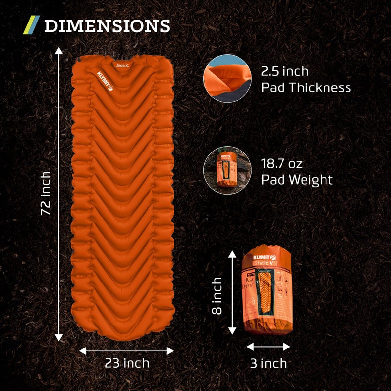 KLYMIT Static V Lightweight Inflatable Sleeping Pad | Comfortable, Lightweight, Easy to Inflate Portable Air Bed Mattress for Camping, Backpacking and Hiking â€” Orange - Image 5