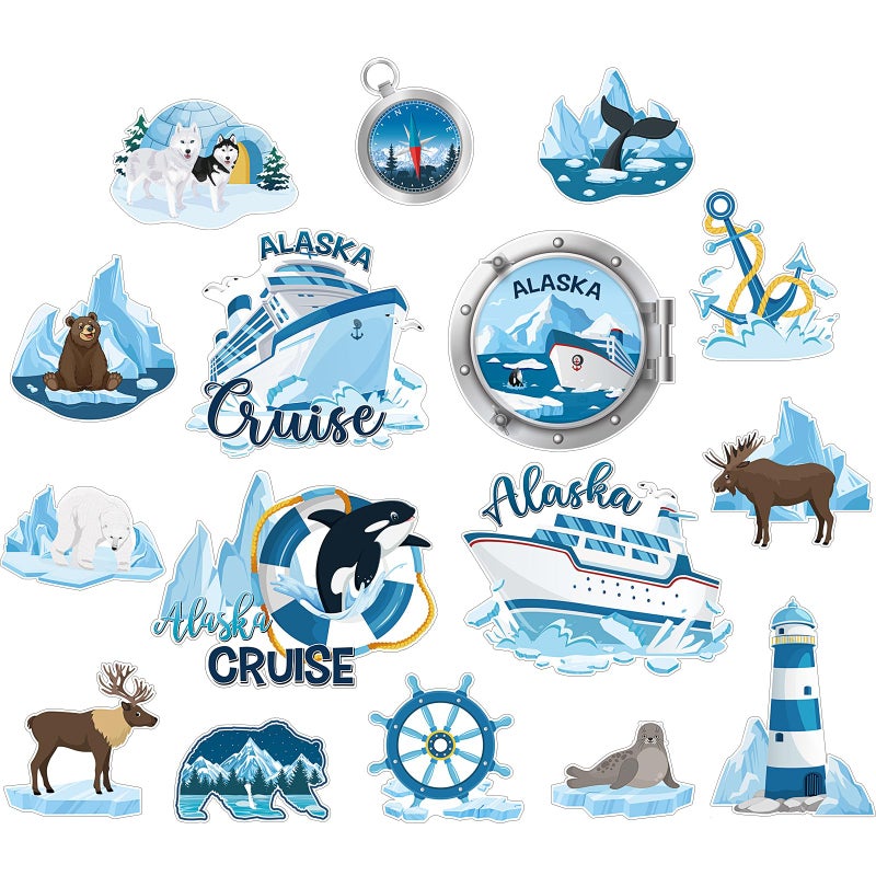 Blosssound 16 Pcs Cruise Door Magnet Alaska Cruise Decorations Alaska Fridge Magnet Reusable Whale Glacier Navigation Magnetic Stickers Souvenir for Birthday Carnival Cabin Refrigerator Ship Car Decor - Image 1