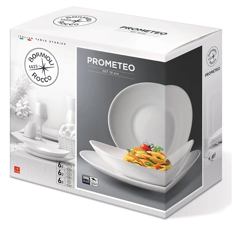 Bormioli Rocco Prometeo 18 Piece Dinnerware, Sets For 6, Tempered Opal Glass, Clean White, Curved Design With External Textures, Dishwasher & Microwave Safe. - Image 1