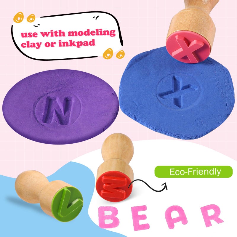 MeCids Wooden Alphabet Number Stamp for Kids - Educational Learning Toy Stamp for Playdough with 26 Letters, Numbers 0-9, Flashcards - ABC Spelling and Math Learning Toddler (Alphabet Number-39 Pcs) - Image 4