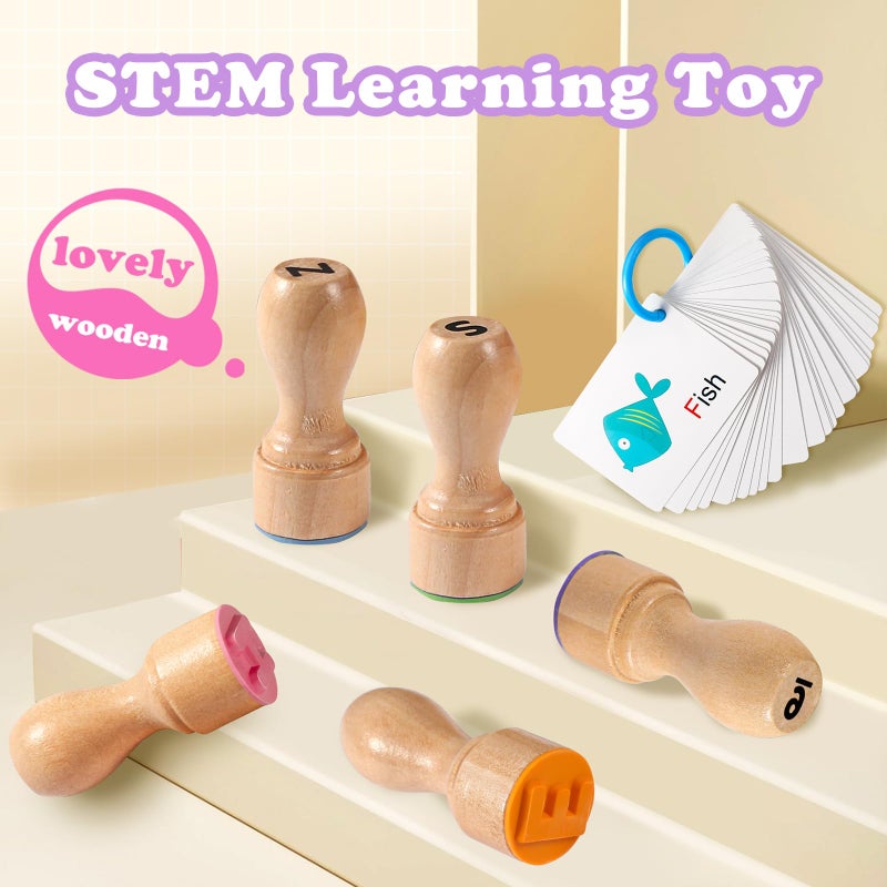 MeCids Wooden Alphabet Number Stamp for Kids - Educational Learning Toy Stamp for Playdough with 26 Letters, Numbers 0-9, Flashcards - ABC Spelling and Math Learning Toddler (Alphabet Number-39 Pcs) - Image 2