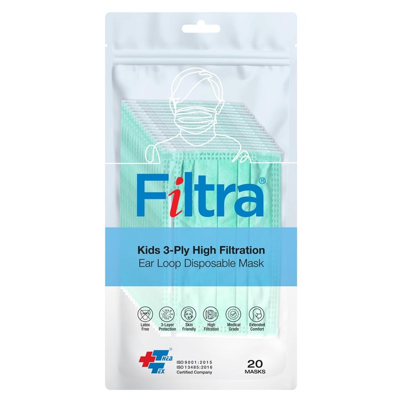 Filtra ® 3-Ply Ear Loop Kids Mask | Ages 3-18 | Kids Mask | Children's Mask | Ladies Mask | High Filtration | New extra tough courier packing | Travel Zip Lock Pouch of 20 Masks - Image 1