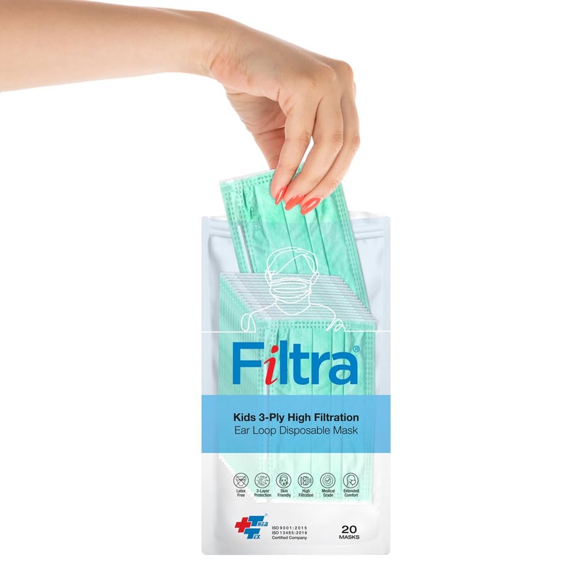 Filtra ® 3-Ply Ear Loop Kids Mask | Ages 3-18 | Kids Mask | Children's Mask | Ladies Mask | High Filtration | New extra tough courier packing | Travel Zip Lock Pouch of 20 Masks - Image 2