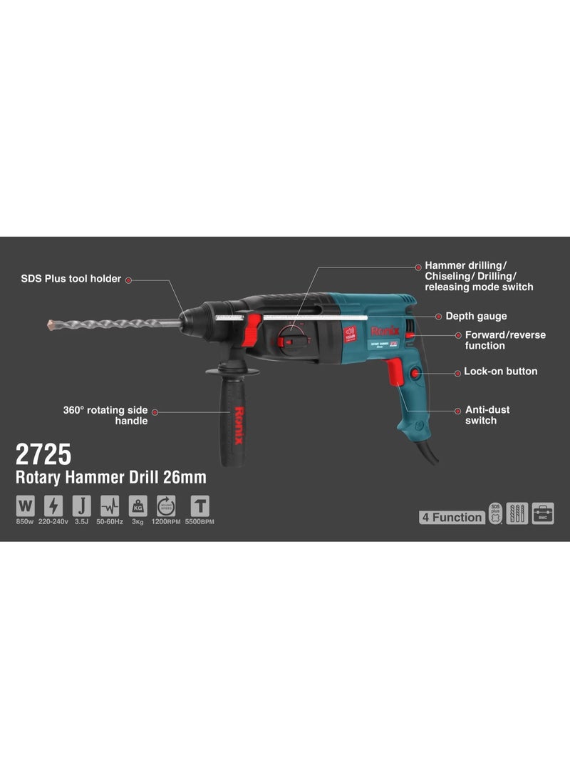 RONIX Rotary Hammer Kit 850W 26mm, 3.5J, SDS-Plus, 0-1200RPM, German Engineering #Ronix 2725K - Image 4