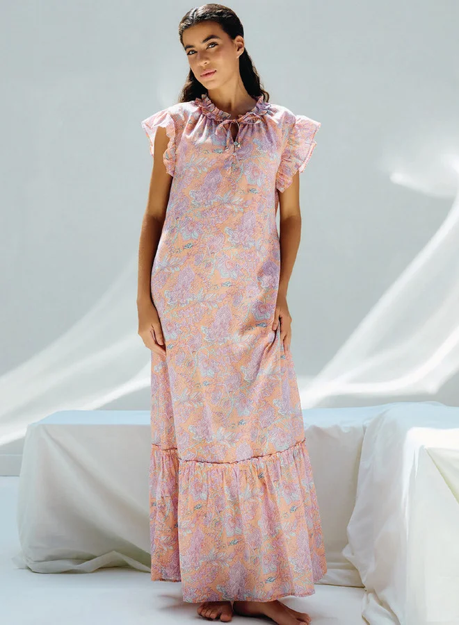 سبلاش فيڤ قميص نوم بأكمام قصيرة وطبعة شاملة وحزام ربط