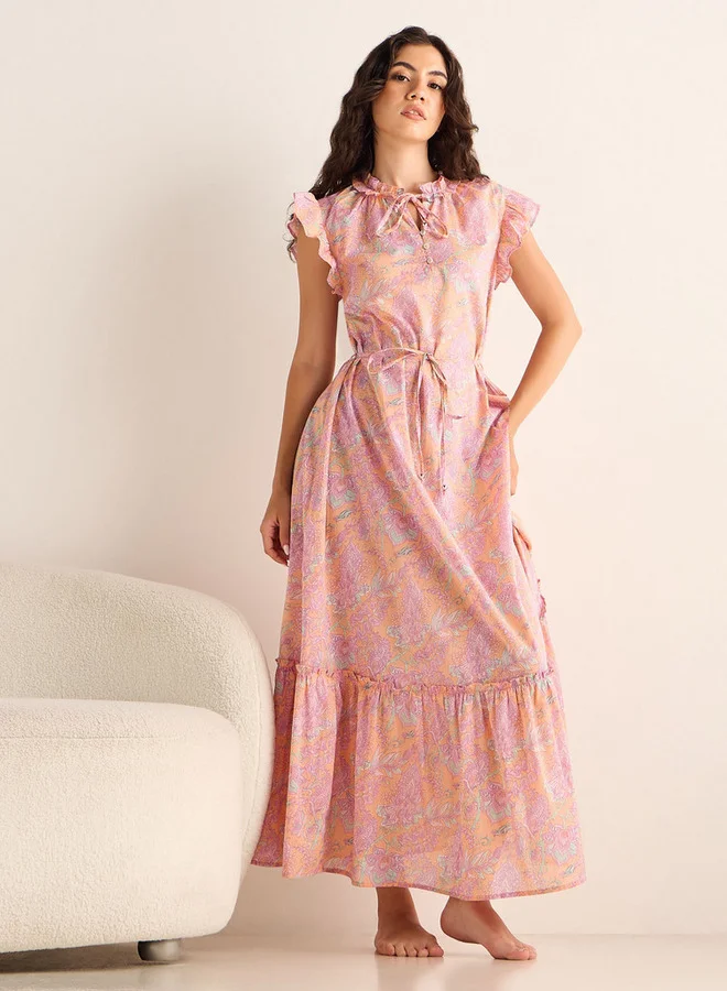 سبلاش فيڤ قميص نوم بأكمام قصيرة وطبعة شاملة وحزام ربط