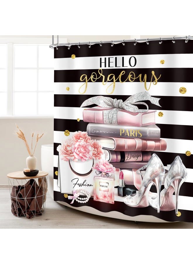 Cinbloo Black and Pink Shower Curtain 60Wx72H Fashion Black White Girly Shower Curtain for Girl Women Modern Flower Floral Perfume Striped High Heels Magazine Books Fabric Bathroom Decor with 12 Hooks - Image 2
