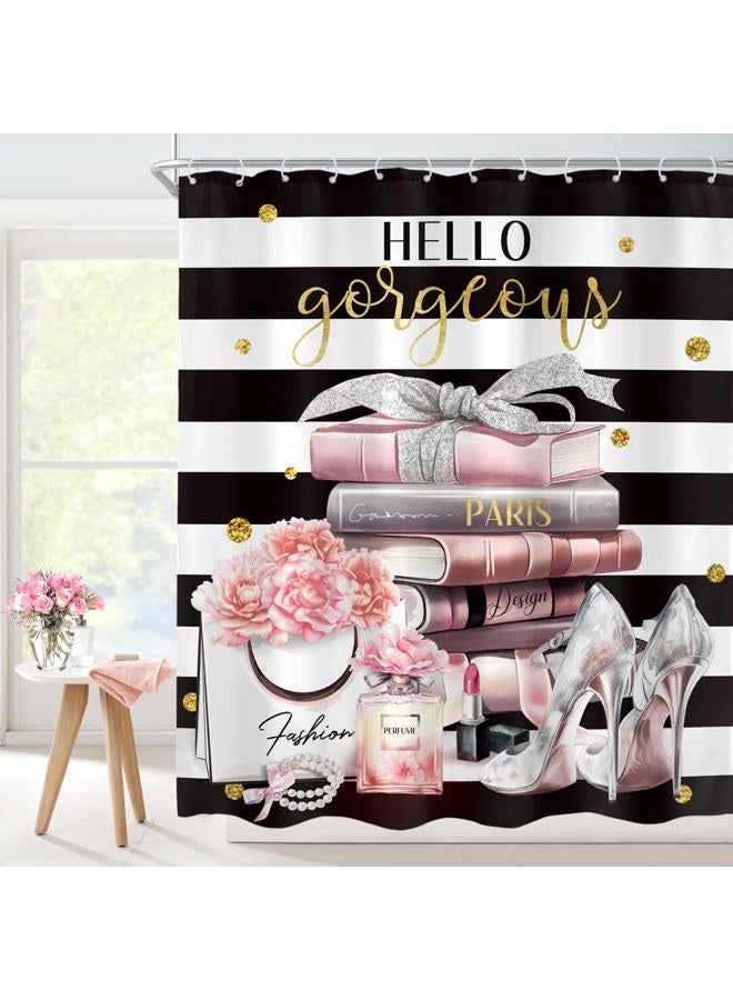 Cinbloo Black and Pink Shower Curtain 60Wx72H Fashion Black White Girly Shower Curtain for Girl Women Modern Flower Floral Perfume Striped High Heels Magazine Books Fabric Bathroom Decor with 12 Hooks - Image 1