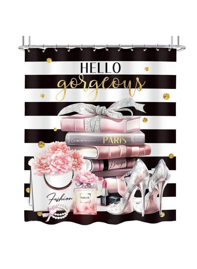 Cinbloo Black and Pink Shower Curtain 60Wx72H Fashion Black White Girly Shower Curtain for Girl Women Modern Flower Floral Perfume Striped High Heels Magazine Books Fabric Bathroom Decor with 12 Hooks - Image 5
