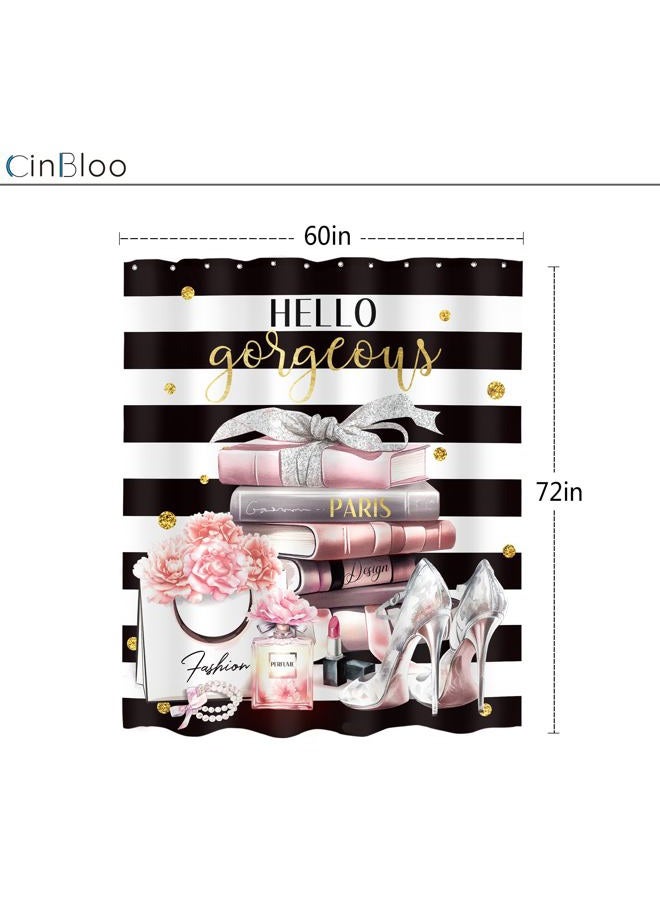 Cinbloo Black and Pink Shower Curtain 60Wx72H Fashion Black White Girly Shower Curtain for Girl Women Modern Flower Floral Perfume Striped High Heels Magazine Books Fabric Bathroom Decor with 12 Hooks - Image 3