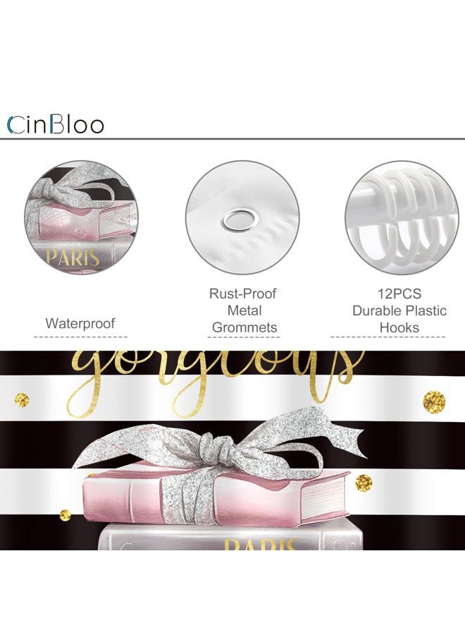 Cinbloo Black and Pink Shower Curtain 60Wx72H Fashion Black White Girly Shower Curtain for Girl Women Modern Flower Floral Perfume Striped High Heels Magazine Books Fabric Bathroom Decor with 12 Hooks - Image 4