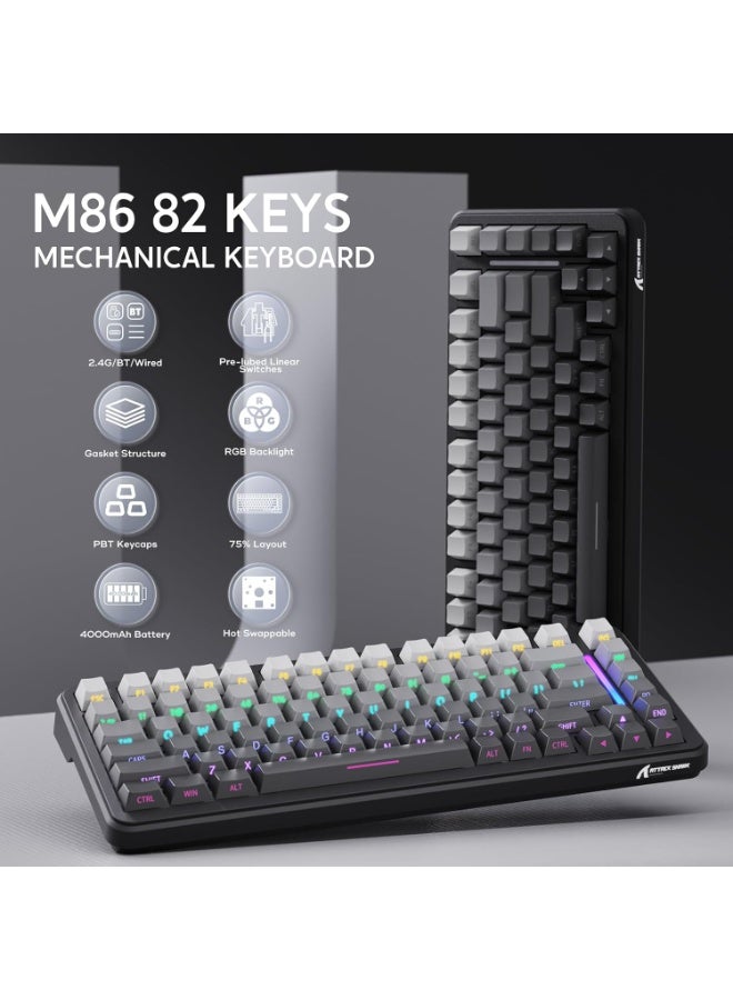 Attack Shark M86 83 Keys Wireless Mechanical Keyboard, 75% Gasket Hot Swappable Custom Keyboard, Side Printed PBT Keycaps, RGB Backlit, Pre-lubed Switches, BT/2.4GHz/ Wired Mechanical Gaming Keyboard - Image 2