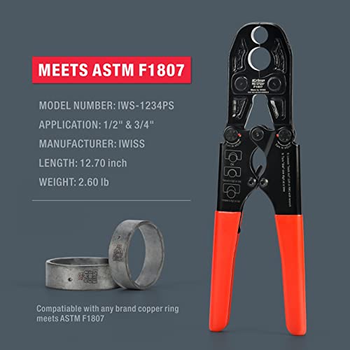 IWISS iCrimp 1/2 and 3/4-inch Combo Pex Pipe Crimping Tool for Copper Ring with Gauge meets ASTM 1807 Standard-manufactured by IWISS - Image 2