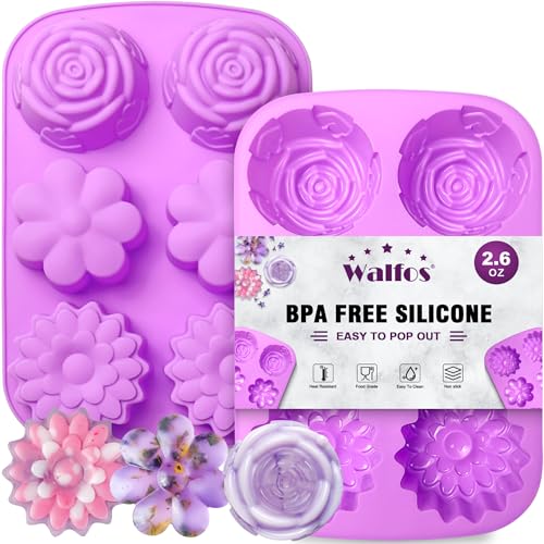 Walfos Silicone Flower Soap Mold,6 Cavities Different Flower Shapes Soap Mold BPA Free.Perfect for Homemade Craft Soap,Ice,Mousse,Cake,Jelly,Chocolate.(2pcs Purple) - Image 1