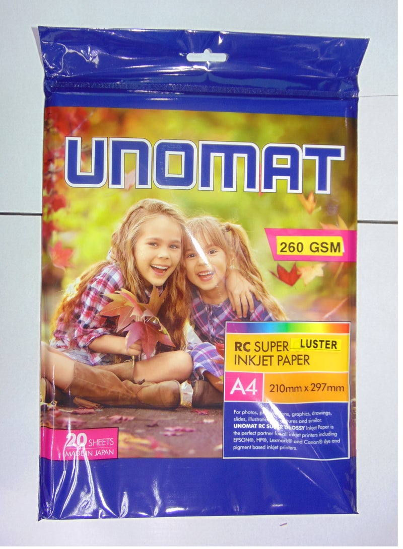 UNOMAT 260 GSM RC SUPER LUSTER INKJET PAPER A4 210mm × 297mm For photos, p slides, illustratič ons, graphics, drawings, UNOMAT RC SUMER GLOSSY Inkjet Paper is gures and similar. 20 SHEETS the perfect partner forall inkjet printers including EPSON®, HP, Lexmark® and Canon@ dye and MADEIN JAPAN pigment based inkjet printers.  - Image 1