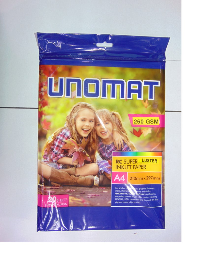 UNOMAT 260 GSM RC SUPER LUSTER INKJET PAPER A4 210mm × 297mm For photos, p slides, illustratič ons, graphics, drawings, UNOMAT RC SUMER GLOSSY Inkjet Paper is gures and similar. 20 SHEETS the perfect partner forall inkjet printers including EPSON®, HP, Lexmark® and Canon@ dye and MADEIN JAPAN pigment based inkjet printers.  - Image 2