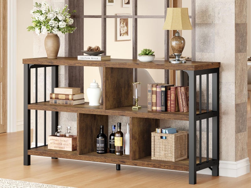 IBF Farmhouse 3 Tier Open Book Shelf Wood and Metal 5 Cube Storage Organizer Modern Low Horizontal Bookshelf for Bedroom Living Long Wide Office Cubby Bookcase with Storage Rustic Brown 47 Inch
