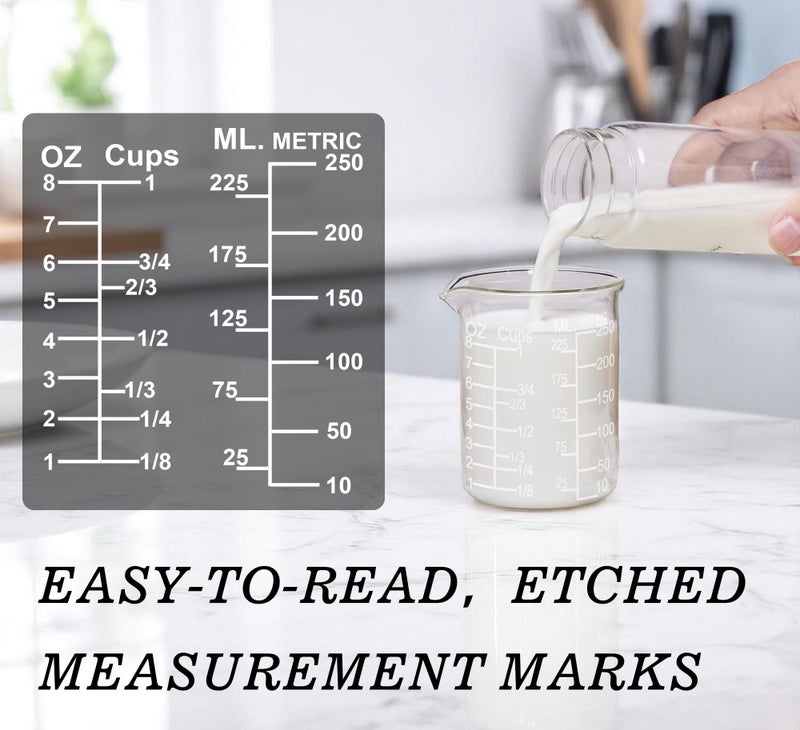 Ackers BORO3.3 Ackers Etched Graduated Glass Measuring Cup - V-Shaped Spout- High Borosilicate Glass Measuring Cup for Kitchen or Dining, Easy to Read, 250ml (8oz, 1 Cup) - Image 2