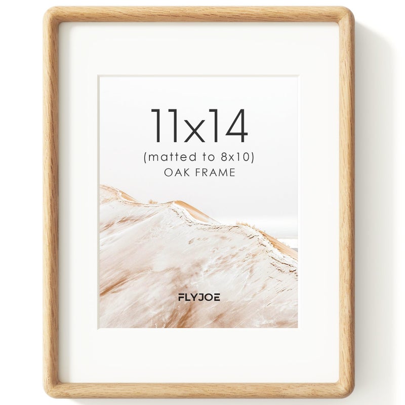 FLYJOE 11x14 Picture Frame, Natural Solid OAK Wood Photo Frame with HD Tempered Glass, Rounded Corner Frame 11 x 14 Matted to 8x10, Gallery Wall Frames for Art, Horizontal or Vertical Wall Mounting - Image 1