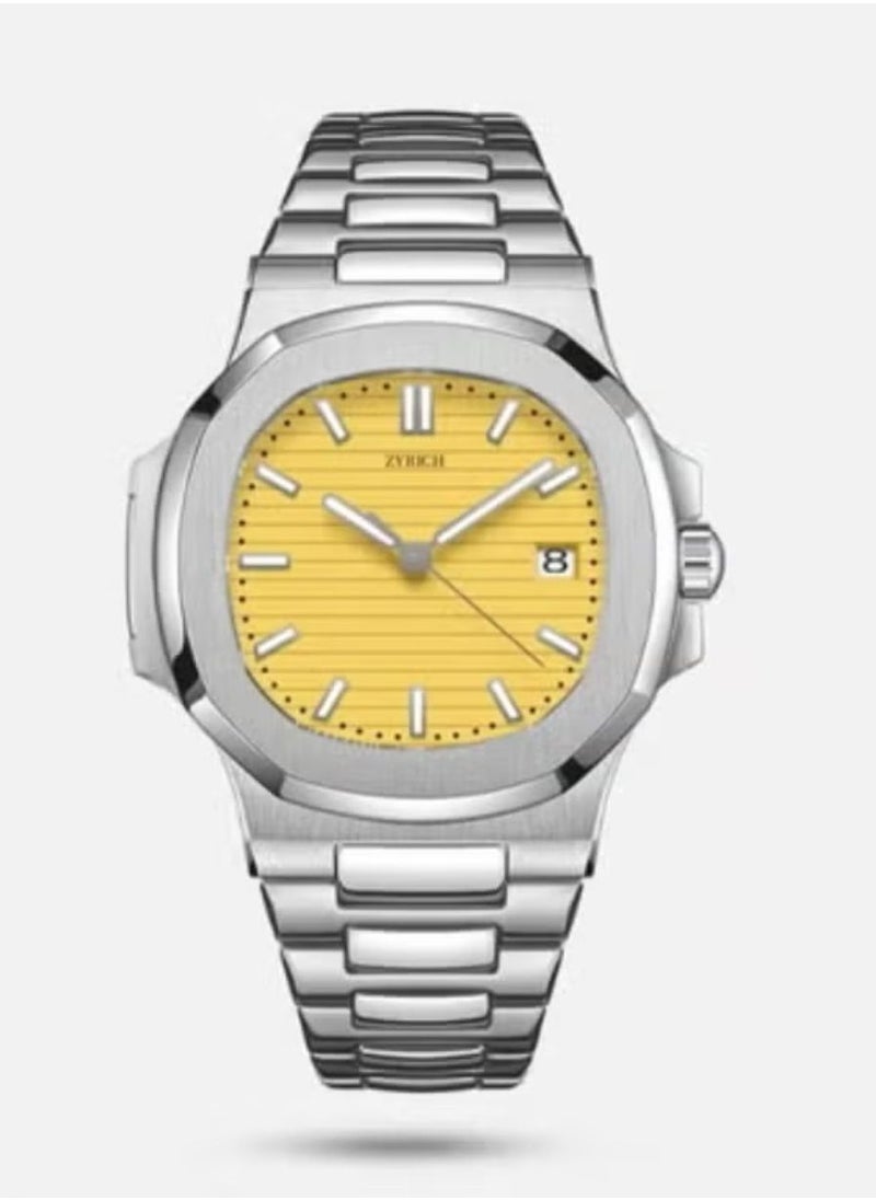 ZYRICH High quality waterproof men's wrist watch from Zyrich, silver bracelet with Yellow dial 