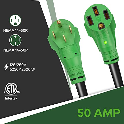 RVGUARD 50 Amp 25 Foot RV/EV Extension Cord, NEMA 14-50P/R Heavy Duty Extension Cord with LED Power Indicator and Cord Organizer, Green, ETL Listed - Image 3