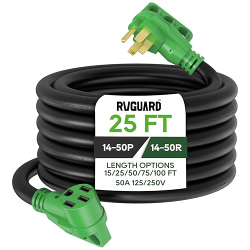 RVGUARD 50 Amp 25 Foot RV/EV Extension Cord, NEMA 14-50P/R Heavy Duty Extension Cord with LED Power Indicator and Cord Organizer, Green, ETL Listed - Image 1