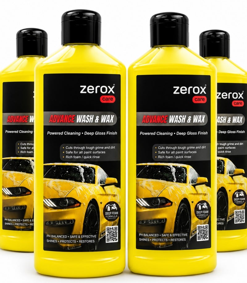 زيروكسكير مجموعة Zerox Care Advance المكونة من 4 قطع: شامبو غسيل وتلميع (Wash & Wax) للسيارات (473 مل) - رغوة تنظيف عميقة، تركيبة متوازنة الحموضة (pH)، لمعان فائق، آمن على الطلاء، يزيل الأوساخ ويستعيد اللمعان - Z8116. - Image 1