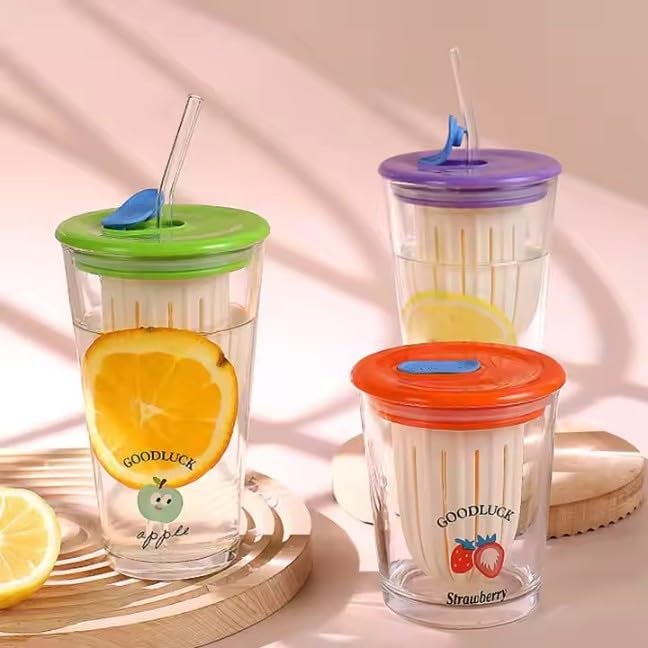CHIRANSI Mug with Lid and Drinking Glasses Clear Tumbler Cup Coffee Juice Milk Drinking Water Mug Tea Cups 500 ML Multicolor 500 ML Glass Mug - Image 3