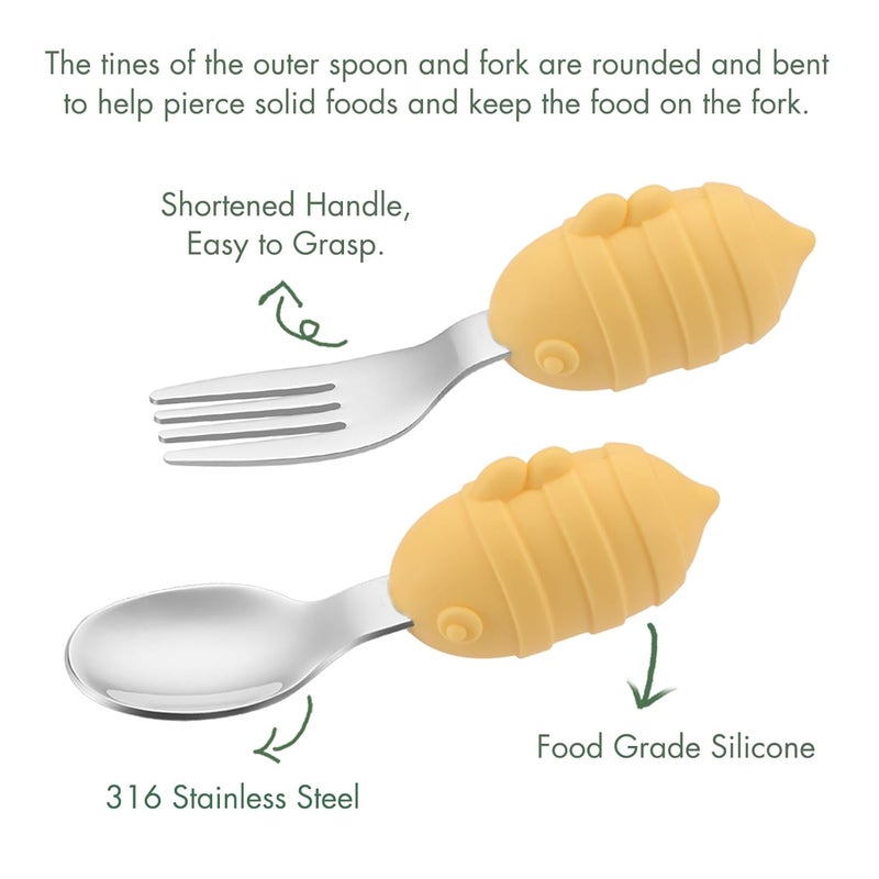 YIVEKO Baby Fork and Spoon Set with Carry Case Baby Training Utensils Self Feeding Toddler Silverware Silicone and Stainless Steel Kids and Toddler Utensil Set-Bees - Image 3