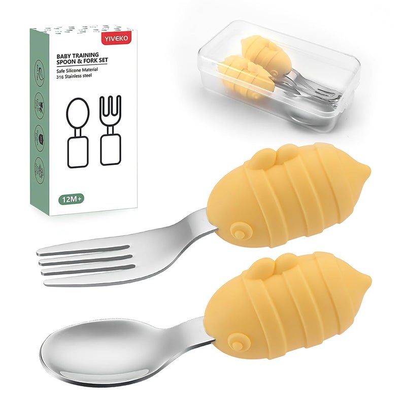 YIVEKO Baby Fork and Spoon Set with Carry Case Baby Training Utensils Self Feeding Toddler Silverware Silicone and Stainless Steel Kids and Toddler Utensil Set-Bees - Image 1