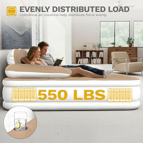 DWVO Queen Size Air Mattress with Headboard & Cup Holders, Blow Up Bed with Built-in Pump & Carry Bag, Fast Inflation Air Bed for Home, Guests & Camping, 60" x 80" x 36", Brown - Image 4