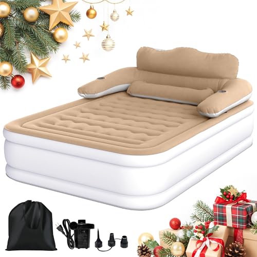 DWVO Queen Size Air Mattress with Headboard & Cup Holders, Blow Up Bed with Built-in Pump & Carry Bag, Fast Inflation Air Bed for Home, Guests & Camping, 60" x 80" x 36", Brown - Image 1