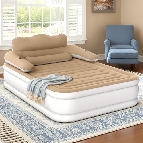 DWVO Queen Size Air Mattress with Headboard & Cup Holders, Blow Up Bed with Built-in Pump & Carry Bag, Fast Inflation Air Bed for Home, Guests & Camping, 60" x 80" x 36", Brown - Image 3