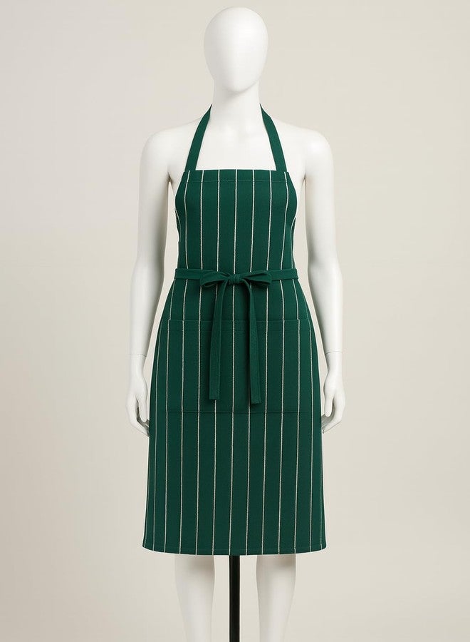 CRAZYWEAVES 100% Soft and Cool Cotton Kitchen Striped Design Apron with Front Centre Pocket, Adjustable Neck Strap and Tie, Restaurants, Catering, Kitchen, Chef Apron for Unisex (Green) - Image 2