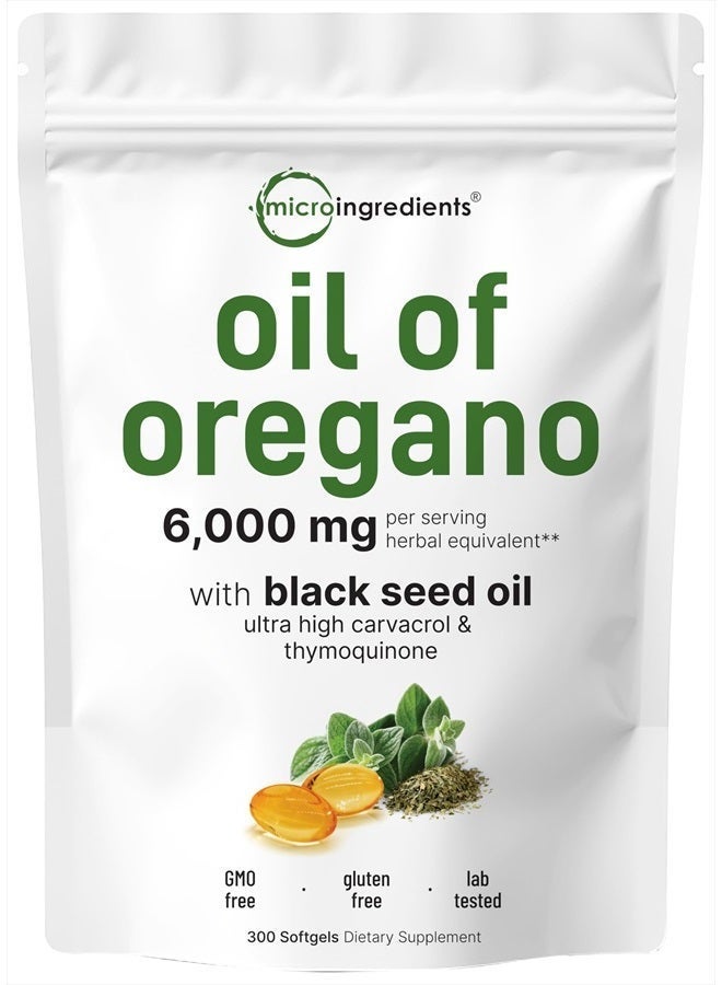 Micro Ingredients زيت الأوريجانو كبسولات لينة 6000 ملغ لكل حصة، 300 عدداً | 2 في 1 مصنوعة بزيت الحبة السوداء 200 ملغ، قوة 4X كارفاكرول وثيموكينون | نباتية، غير معدلة وراثياً ودعم المناعة - Image 2