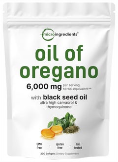 Micro Ingredients Oil of Oregano Softgels 6000mg Per Serving, 300 Count | 2 in 1 Formulated with Black Seed Oil 200mg, 4X Strength Carvacrol & Thymoquinone | Plant Based, Non-GMO & Immune Support  - Image 1