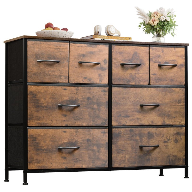 WLIVE Dresser for Bedroom with 8 Drawers Wide Fabric Dresser for Storage and Organization Bedroom Dressers Chest of Drawers for Living Room Closet Entryway Rustic Brown Wood Grain Print