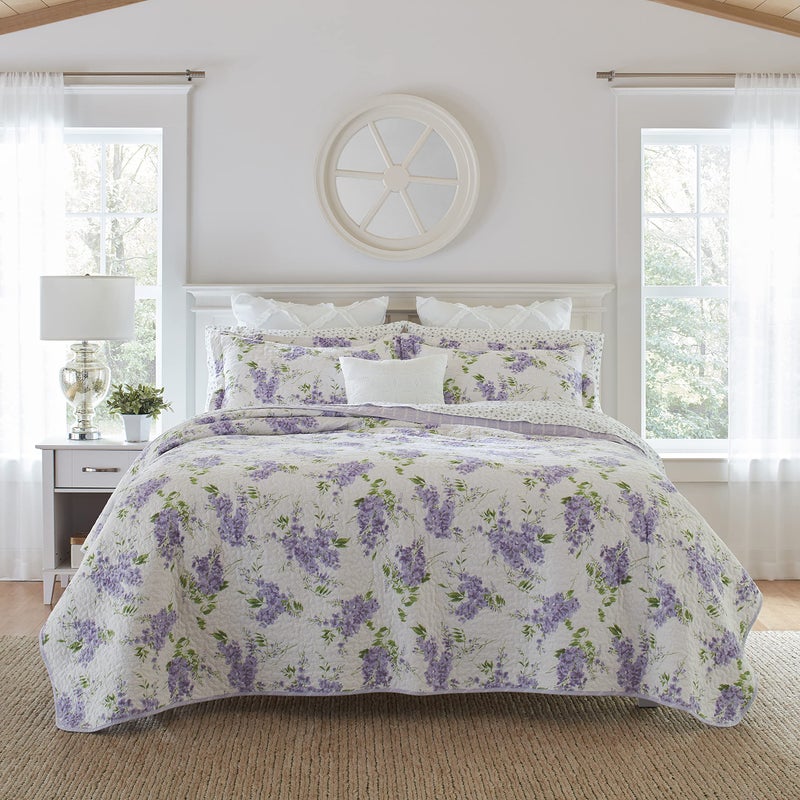 LAURA ASHLEY Laura Ashley  Twin Quilt Set Reversible Cotton Bedding with Matching Sham Lightweight Decor for All Seasons Keighley Lilac Twin