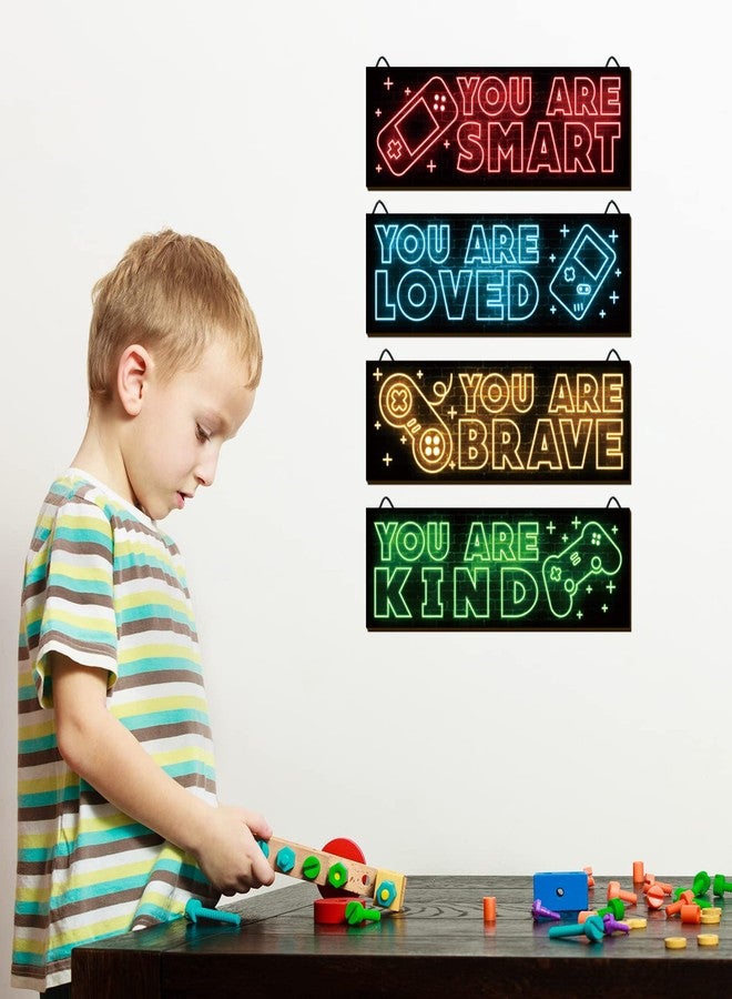 YLOLUL 4pcs Neon Game Art Prints, Wood Wall Art Decor for Boys Room, Gamer Decorations, Inspirational Quote Wall Decor, Modern Home Decor, 12 x 4 Inch, Red - Image 3